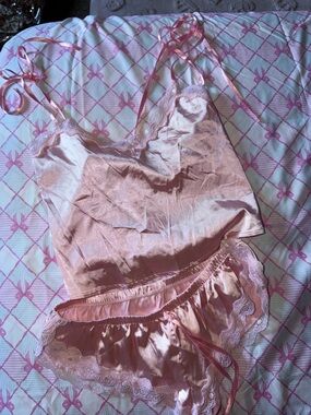 Silky Lace-Trim Pink Cami & Shorts Sleep Set xs